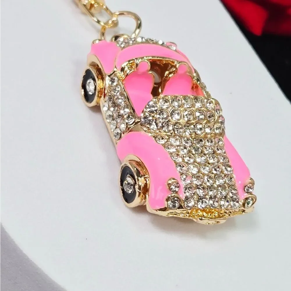Pink Rhinestone Convertible Car Keychain Gold Bling Purse Bag Charm Car Girl